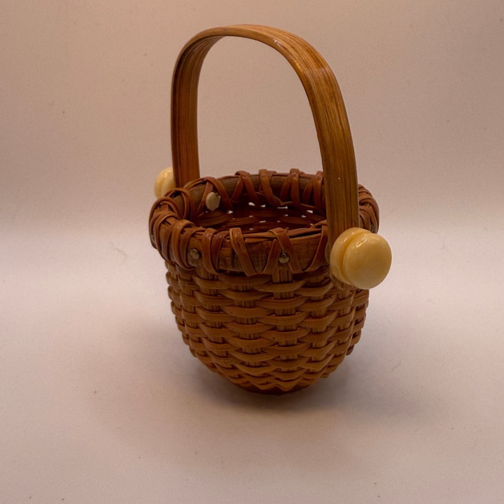Handmade Nantucket Lightship Basket Miniature Brown Woven Swing Handle Decor - Picture 2 of 11